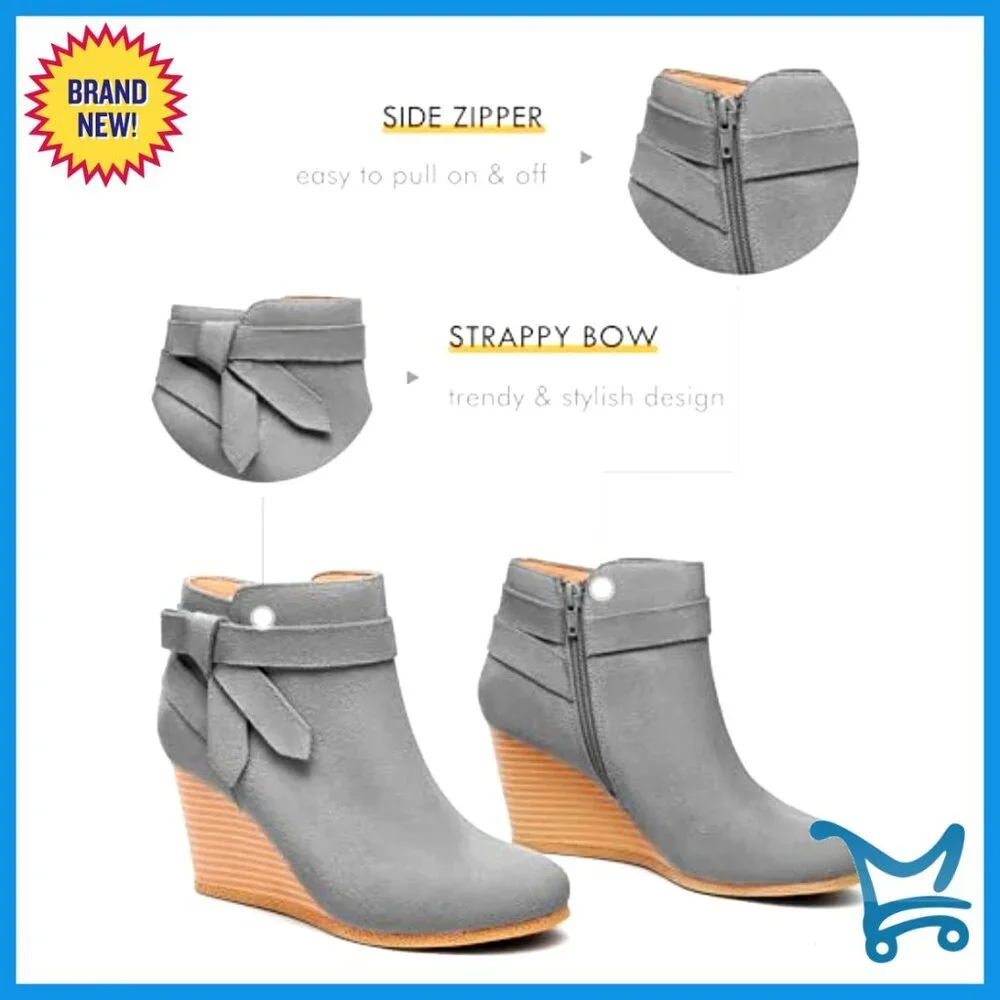 Wedge Ankle Boots with Side Zipper and Bow Tie, Stacked Heel